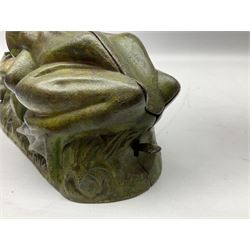 Late 19th century cast-iron mechanical money bank ' Two Frogs' by J & E Stevens & Co; patented 8th August 1882 (US) L22cm