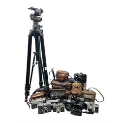 Collection of cameras and lenses, to include Pentax Program A camera body, serial no 123759, with 'Pentax-A zoom 1:3.5-4.5 28-80mm' len, Praktica EE2 camera body with 'Pentacon electric 1.8/50' lens etc, together with a Manfrotto tripod 