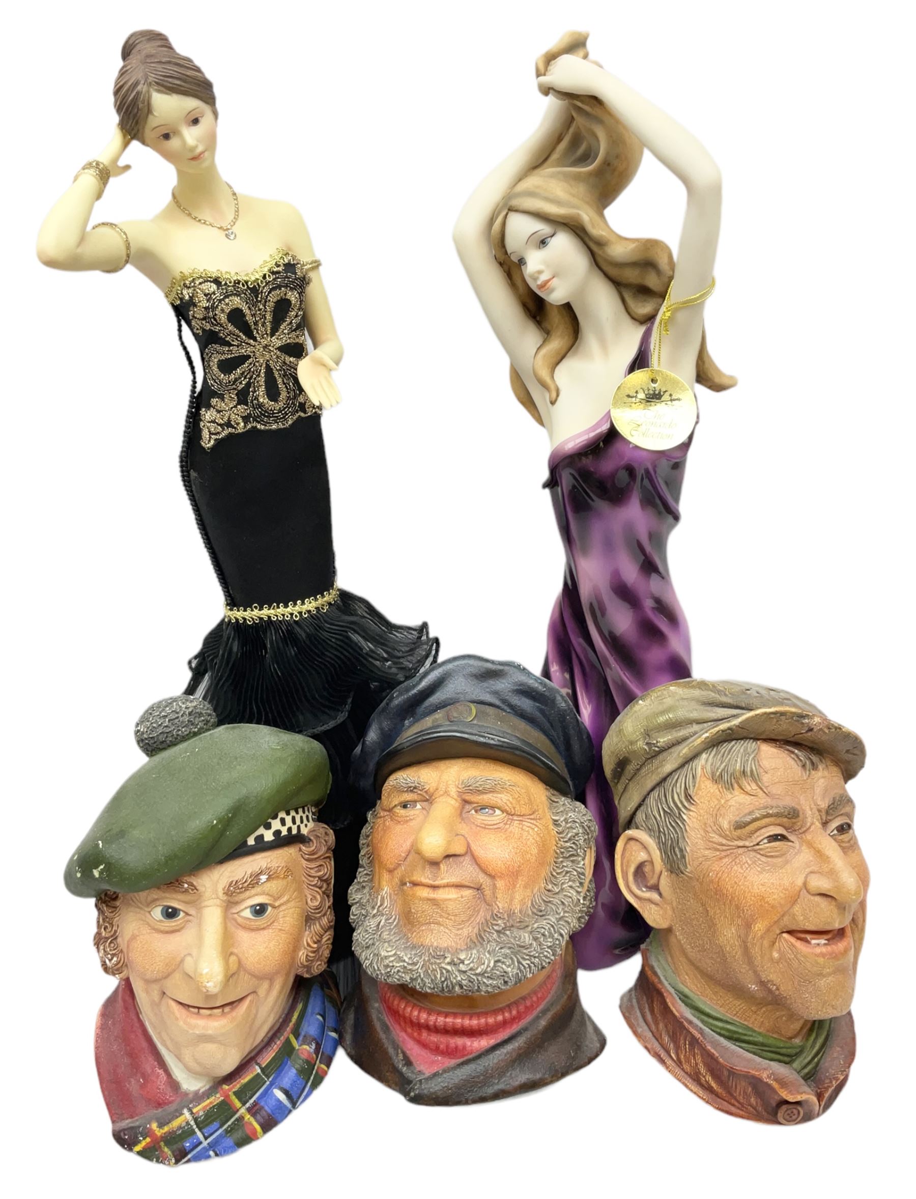 Three Legend Products plaster head wall plaques, comprising The Tinker, Jock and The Bosun, together with two The Leonardo Collection figures Sophistication and Desire, tallest H35cm, Quantity of animal figures and figure groups, to include ceramic and composite examples of dolphins, birds, Shire horses etc, in two boxes