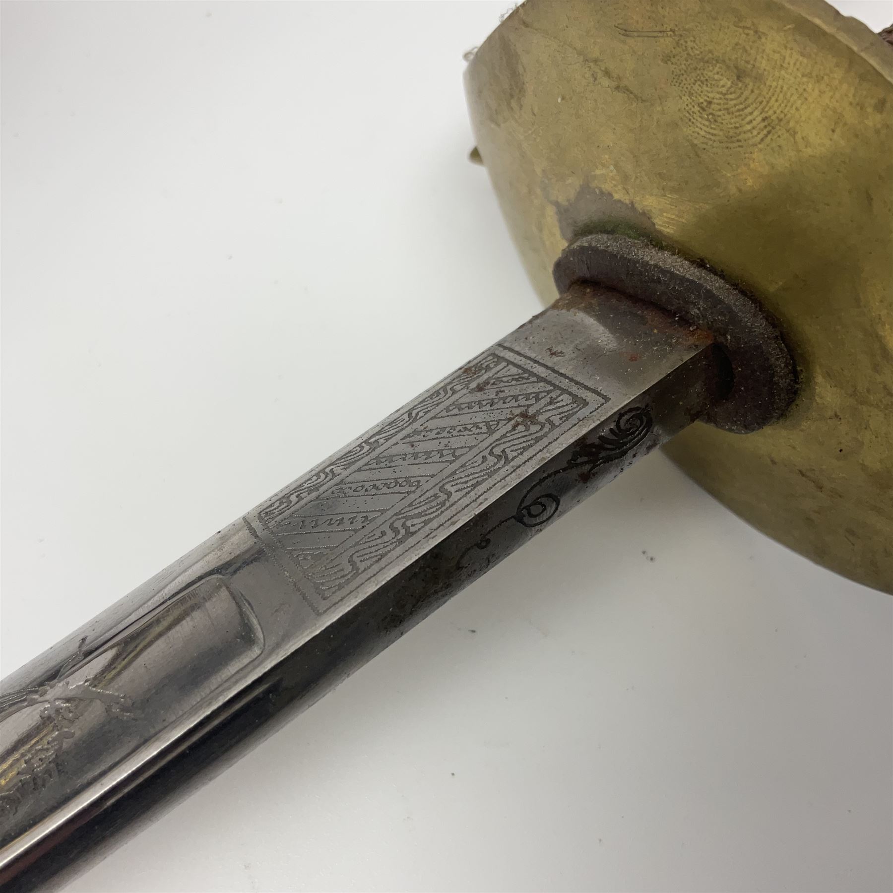 Reproduction American Civil War Cavalry trooper's sword, the 88cm slightly curving fullered steel blade marked to the ricasso 'Ames & Co Chicopee Mass.' and 'US ADK 1862'; brass hilt and leather covered grip; in steel scabbard; and Indian reproduction 19th century French court sword (2)