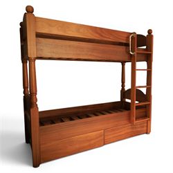 Modern cherrywood single bunk beds, with ball finials, curved headboard and footboard, ladder and chrome hand rail, raised on turned supports, with two base drawers