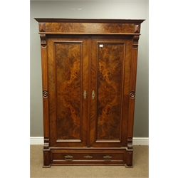  Early 20th century French walnut double wardrobe enclosed by two panelled and figured doors, with drawer, W117cm, H172cm, D61cm  