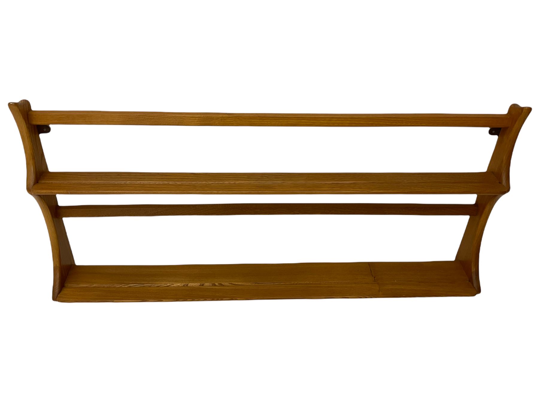 Ercol medium elm two tier wall plate rack, and additional Ercol two tier wall plate rack, with glass shelf and swan detail. 