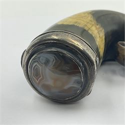 Edwardian Scottish silver mounted rams horn snuff mull, the curled horn with unmarked silver cover, inset with agate slice to centre and engraved James Caruthers, New Abbey 1906 to rim, H8.5cm
