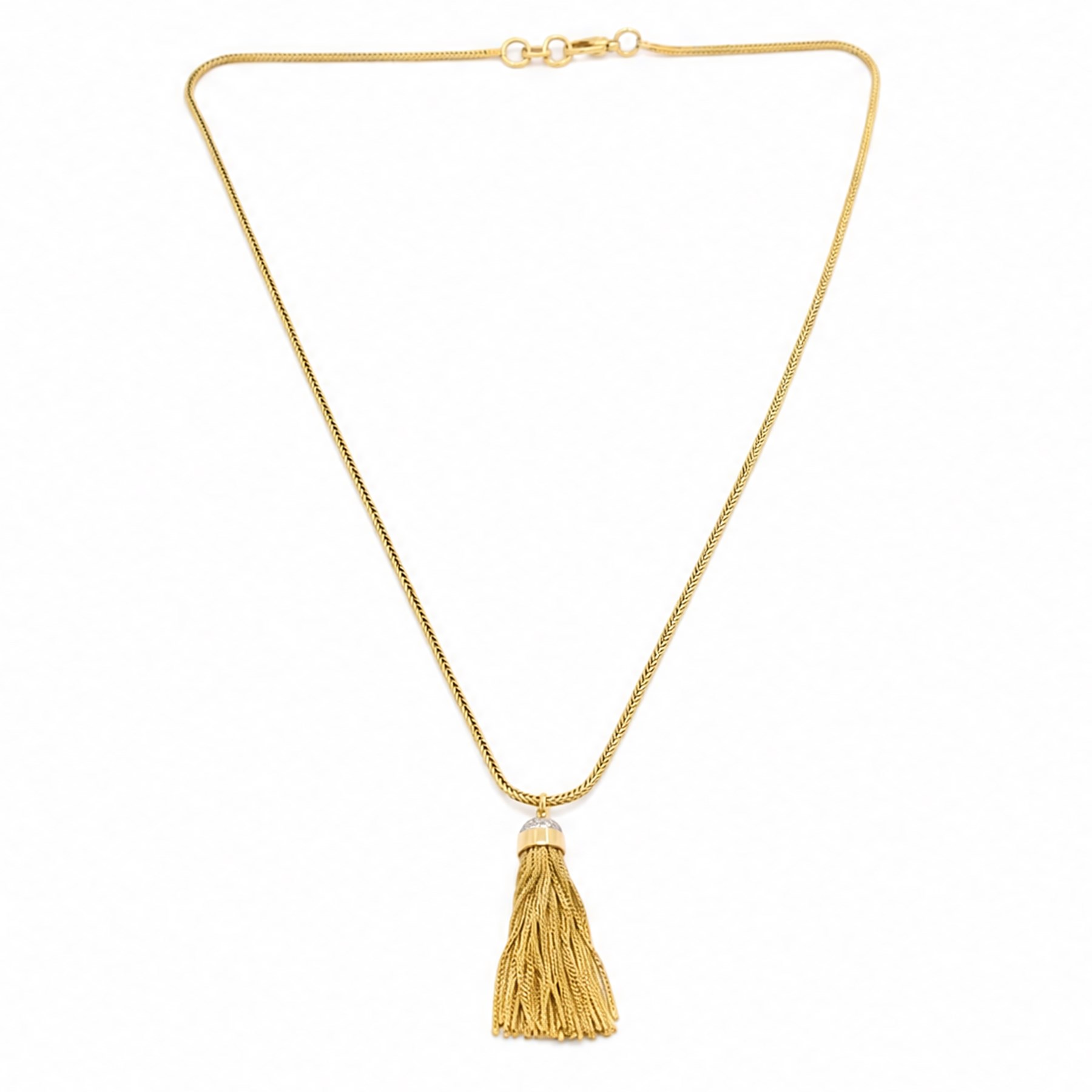 18ct gold diamond tassel pendant necklace, the white gold dome top pave set with twenty single cut diamonds, suspending a thirty-seven foxtail link strands, on a foxtail link chain necklace, total diamond weight approx 1.60 carat