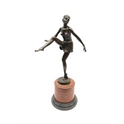 An Art Deco style bronze after D Alonzo, modelled as a dancer, with impressed mark and foundry mark, raised upon a cylindrical marble base, overall H47.5cm. 
