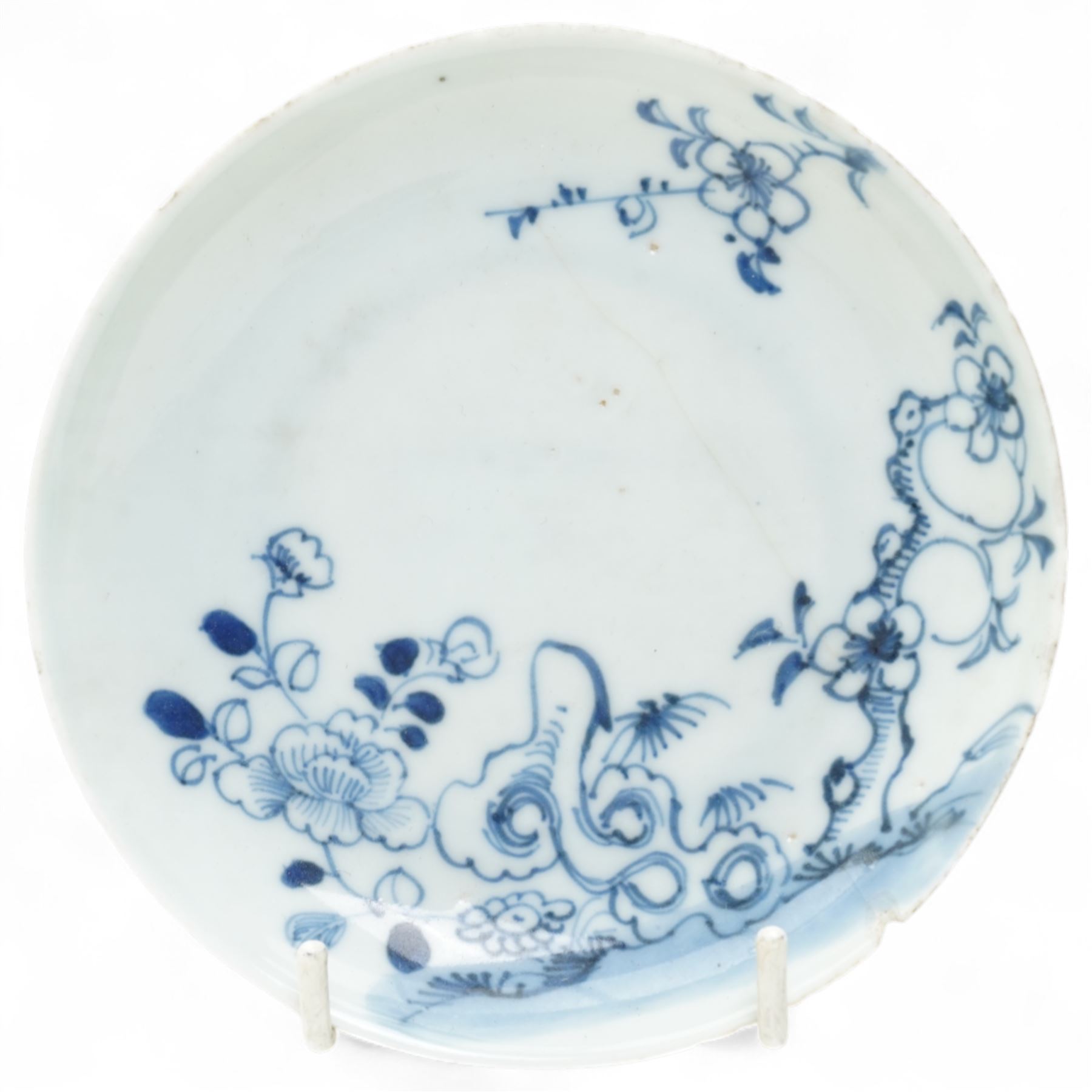Set of six Chinese blue and white saucers, mostly Kangxi period, comprising matching pair decorated with insects and birds, example with painted lions and tigers, four bearing blue painted 'lingzhi' fungus mark to base, the others unmarked (6)