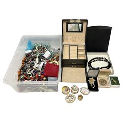 Collection of jewellery including silver earrings, beaded necklaces, earrings, rings, 9ct gold safety chain, jewellery box and four Halcyon days trinket boxes