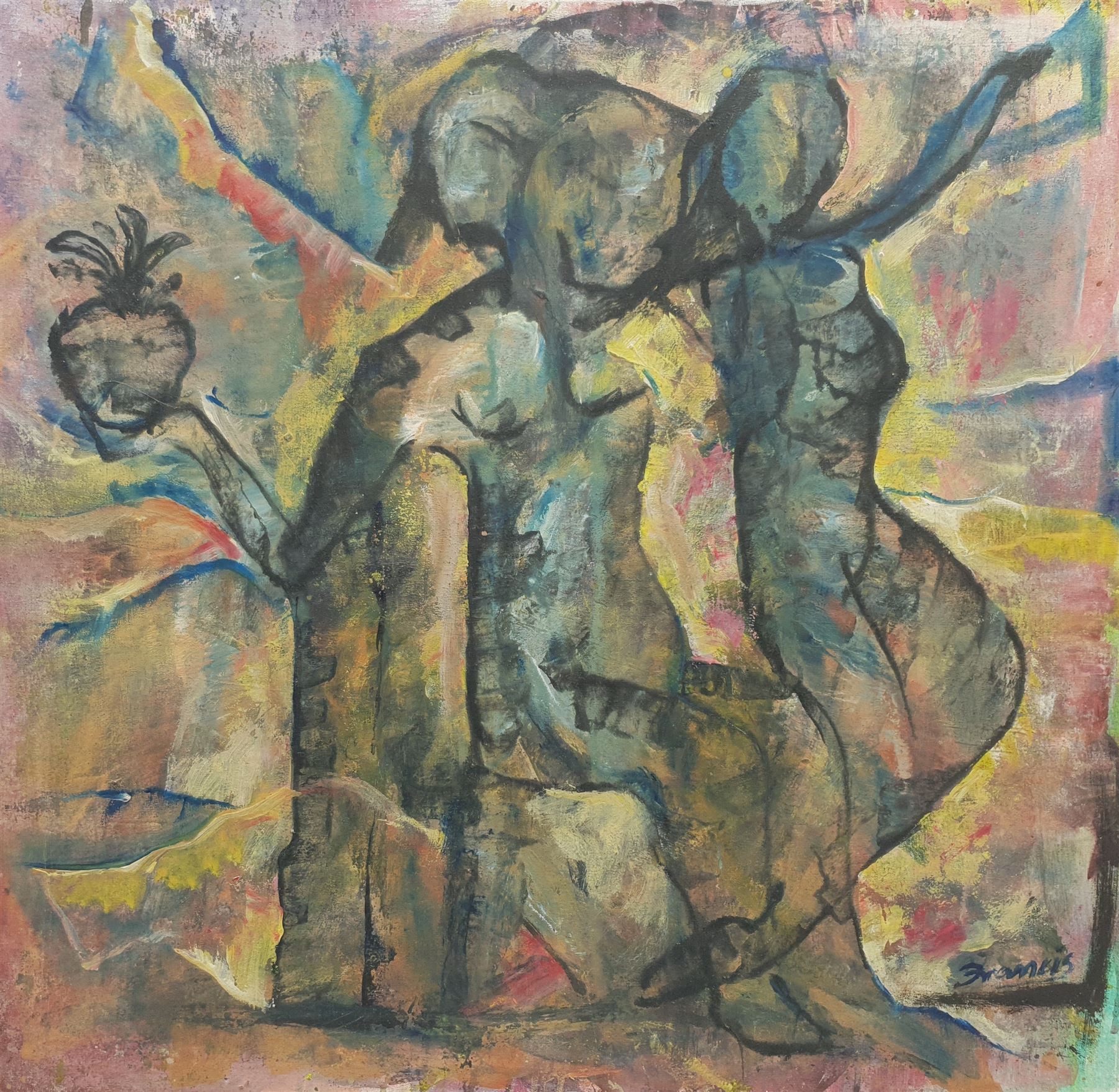 Francis Perera (Sri Lankan 1931-): 'Temptation', oil on canvas signed, titled verso 62cm x 64cm
(unframed)
Notes: Perera a noted Sri Lankan artist has had many solo exhibitions both in his home country and overseas. He is a six time winner of the Presidential Award, represented Sri Lanka in Washington DC to commemorate the 50th anniversary of its independence, exhibited at the Royal Commonwealth Society in 2002, and at the 20th International Art Festival in Germany.