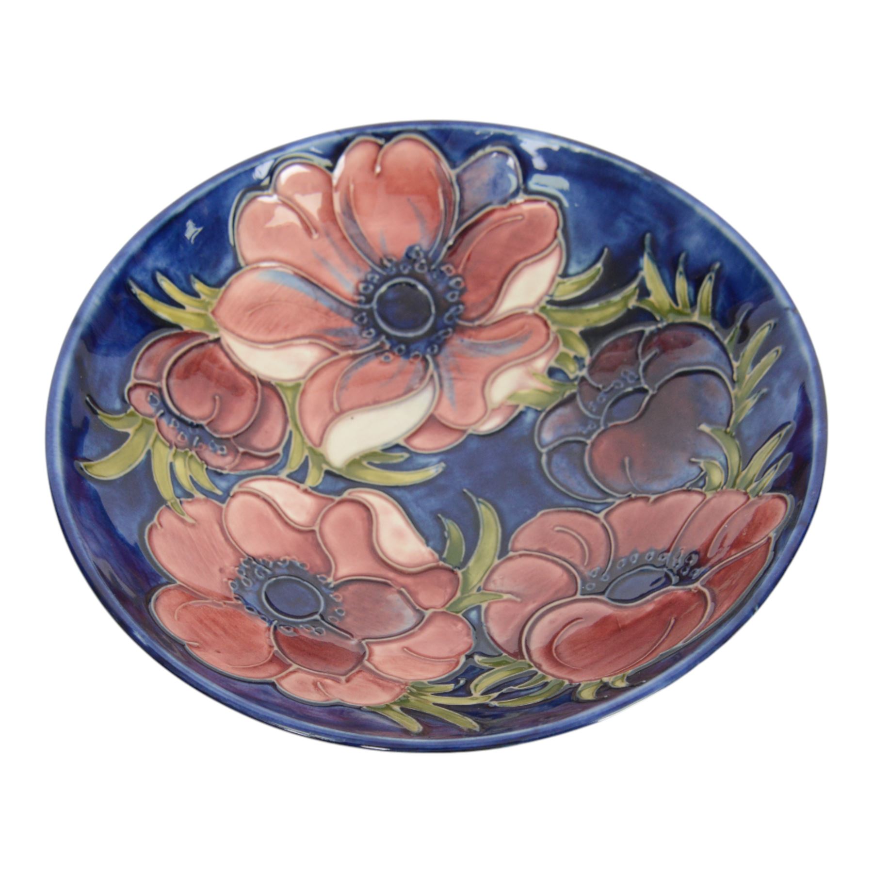 Moorcroft pansy pattern vase, of baluster form, together with Anemone pattern vase and dish, all with impressed marks beneath, pansy vase H16cm 