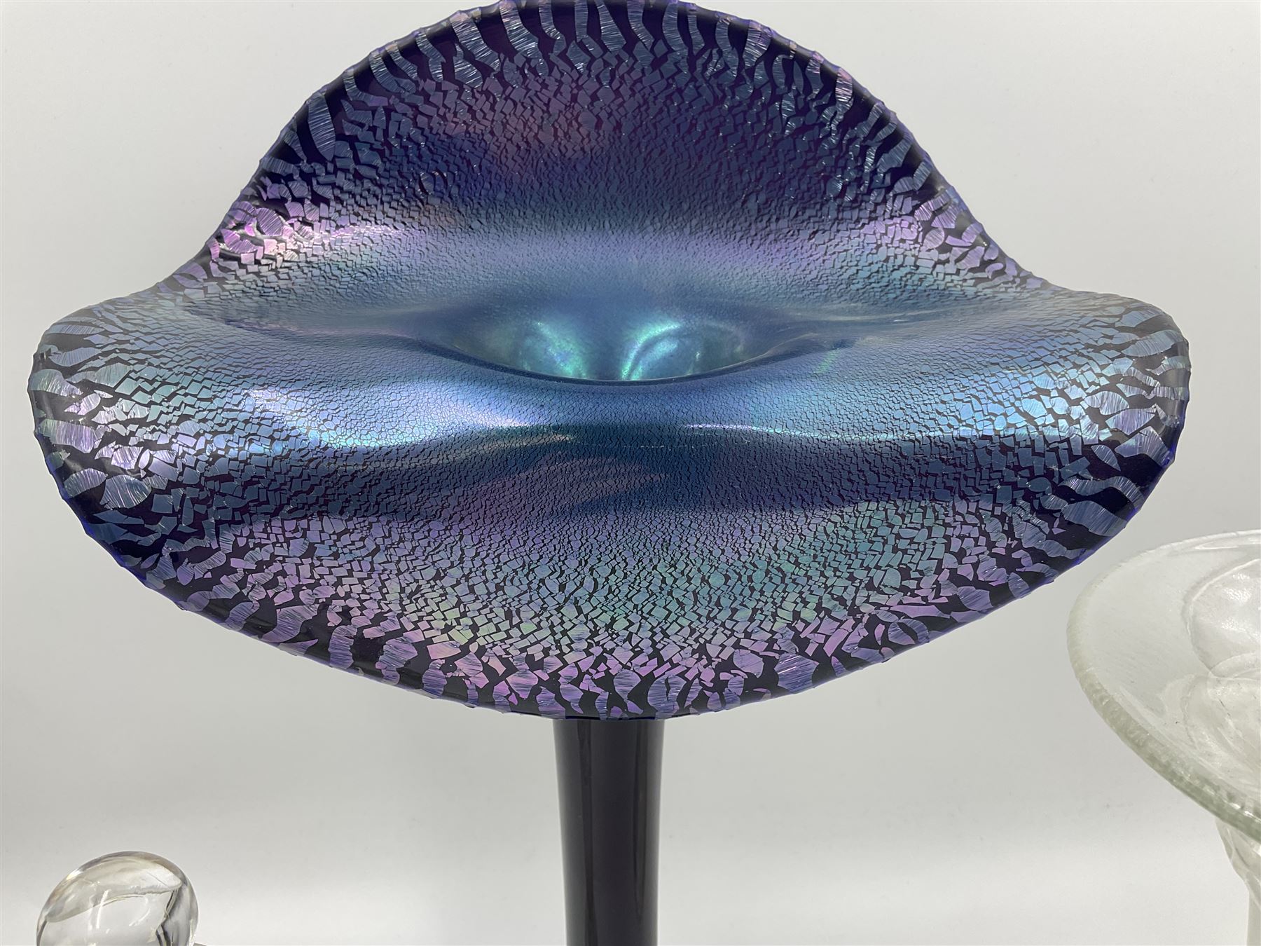 20th Century studio glass Okra Jack in the Pulpit vase, in deep blue with silvered trails, engraved signature, to base, together with David Wallace studio glass opalescent bottle and stopper and vase, Okra vase H30cm