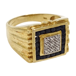  9ct gold gentleman's sapphire and diamond ring, square setting, hallmarked  