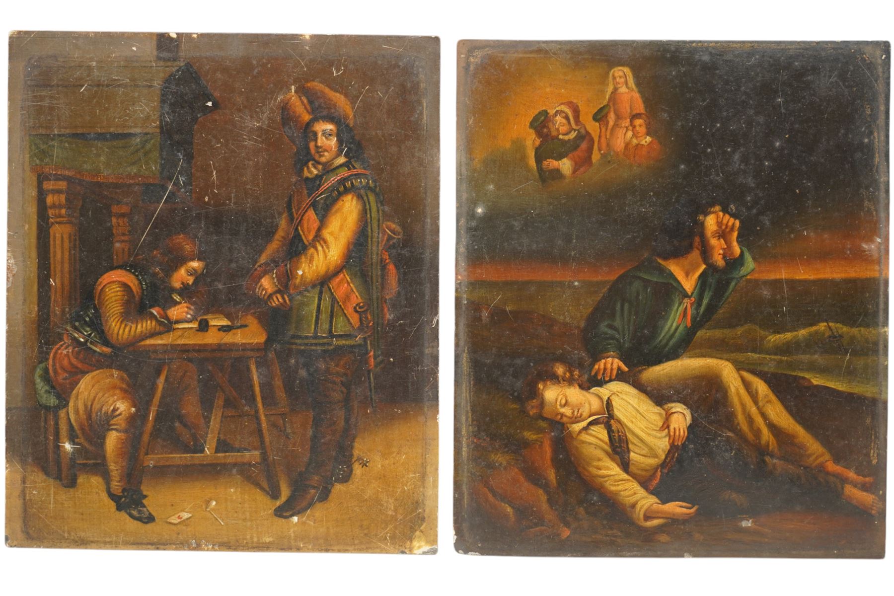 Dutch School (19th century): 'Officer Dictating a Letter' after Gerard ter Borch and Shipwrecked Soldiers, pair oils on metal unsigned 20cm x 17cm (2)