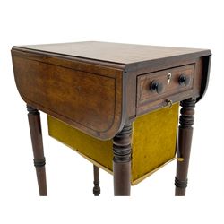 Narrow George III mahogany sewing or work Pembroke table, drop-leaf rectangular top with rounded corners inlaid with ebony stringing, fitted with single full-length cock-beaded drawer and opposing false drawer fascia, turned handles and ivory escutcheons, sliding upholstered storage bag beneath, on ring turned supports with brass cups and castors

This item has been registered for sale under Section 10 of the APHA Ivory Act