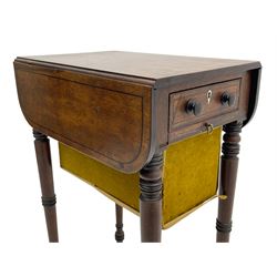 Narrow George III mahogany sewing or work Pembroke table, drop-leaf rectangular top with rounded corners inlaid with ebony stringing, fitted with single full-length cock-beaded drawer and opposing false drawer fascia, turned handles and ivory escutcheons, sliding upholstered storage bag beneath, on ring turned supports with brass cups and castors

This item has been registered for sale under Section 10 of the APHA Ivory Act