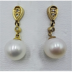  Pair of 9ct gold pearl and diamond pendant ear-rings stamped 375  