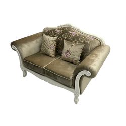 French style white finish two seat sofa, upholstered in grey fabric with scrolling floral pattern, the frame decorated with leaf motifs 