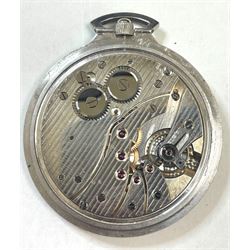 Art Deco platinum open face keyless level slim pocket watch, silvered dial with Arabic hou...
