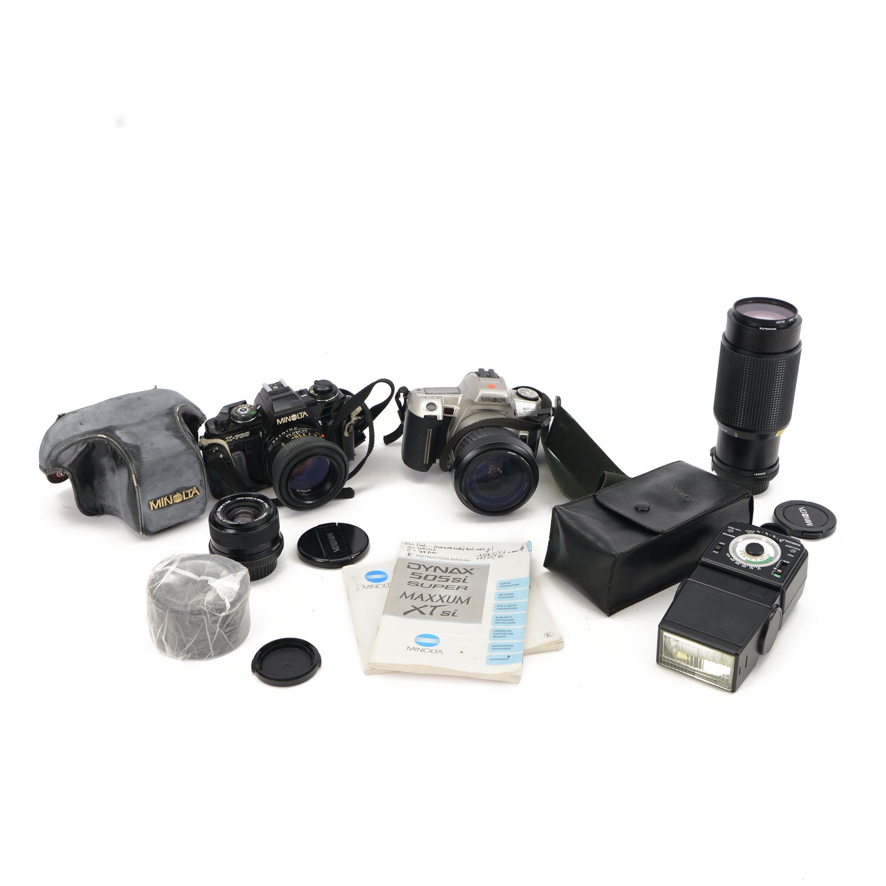 Two Minolta SLR cameras and accessories, comprising X700 camera body serial no. 1349766 with a Minolta MD 50mm 1:1.7 lens serial no. 8240515 and a 505si Super camera body serial no. 92103202 with a Minolta AF Zoom 28-80mm 1:3.5 (22) - 5.6 lens serial no. 62022069, a Minolta MD Zoom 70-210mm 1:4 lens serial no. 1030550, a Minolta MD Celtic 28mm 1:2.8 lens and a Minolta Auto 360PX flash