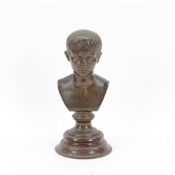 After the Antique, mid/late 19th century bronze portrait bust of a young Julius Caesar, upon a bronze waisted socle, signed L SALVAGGI ROMA, and circular stepped red marble plinth, overall H30.5cm
