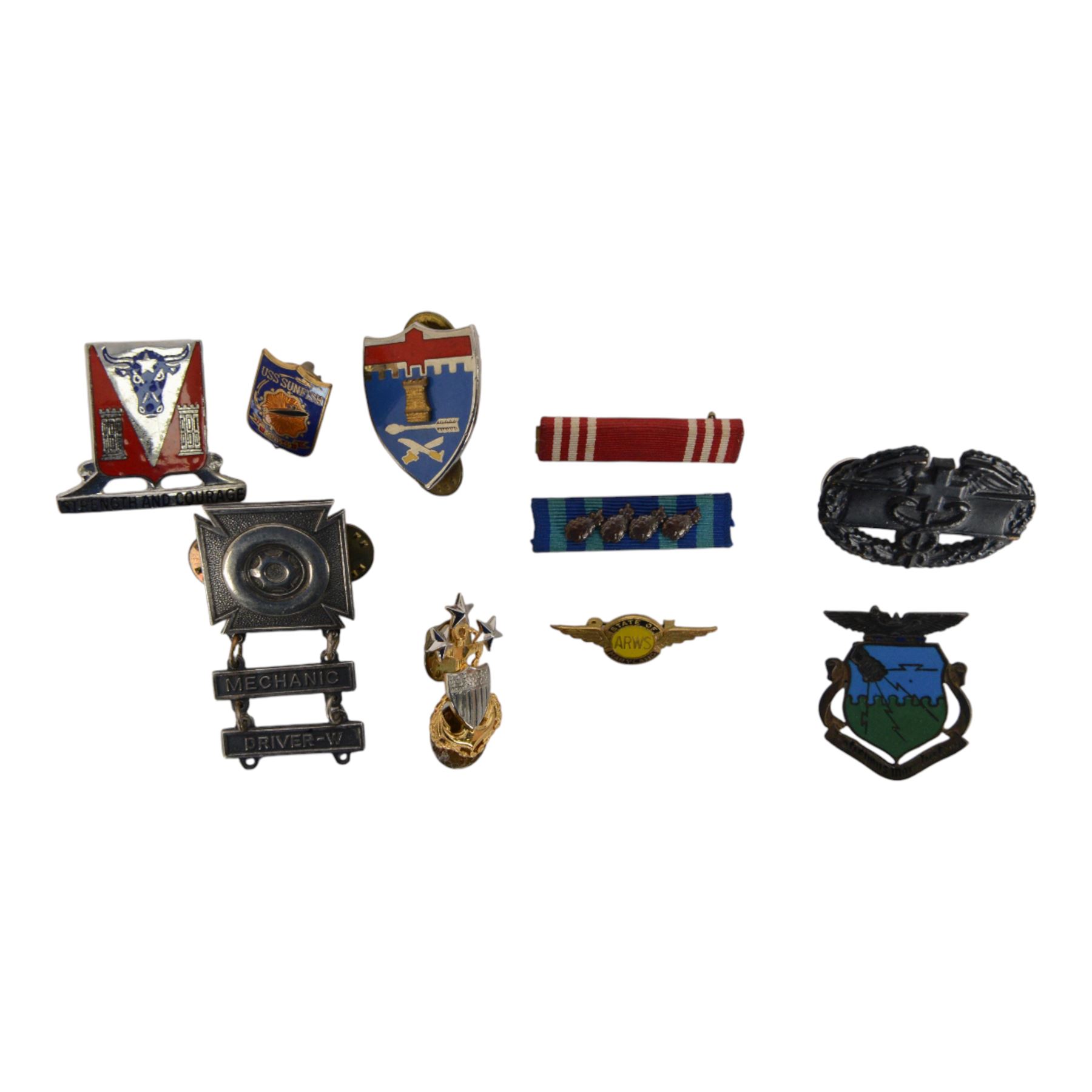 Selection of US army, navy  and air force insignia together with US Army WWII I.D. Tags on chain with British coins