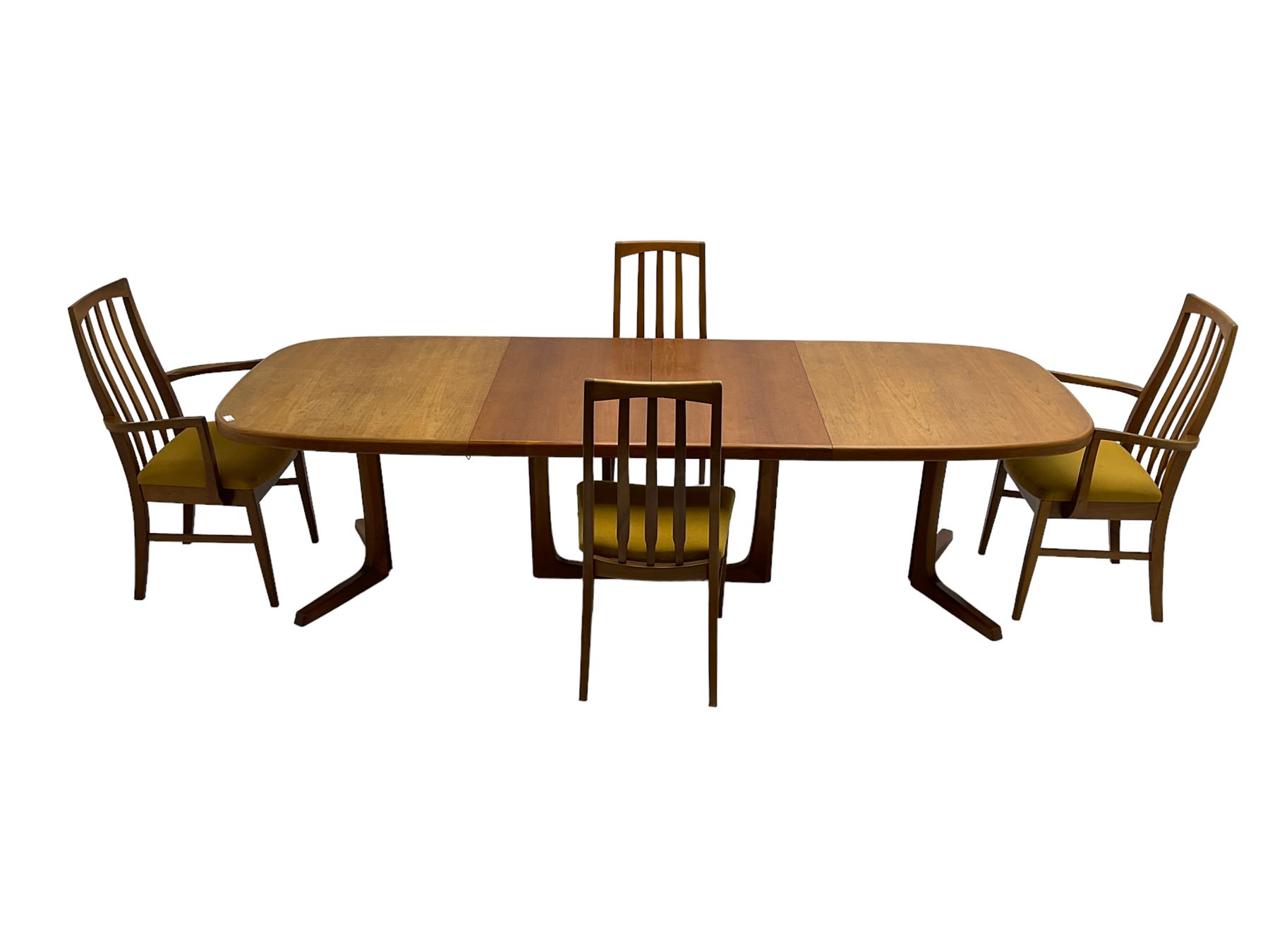 Oluf Theodore Larsen for NMB - mid-20th century teak extending dining table with two additional leaves, on splayed supports (261cm x 95cm x 73cm), and set four (2+2) mid-20th century teak dining chairs with high vertical slatted back on tapered supports (54cm x 51cm x 99cm)