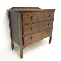 Mid 20th century oak chest, raised shaped back, three drawers, square supports, W91cm, H84cm, D41cm