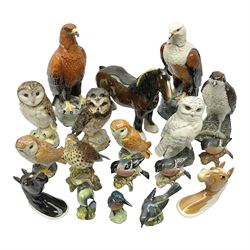 Collection of Beswick figures and decanters, to include two horses head wall plaques, Kingfisher, Bluetit, Bullfinch, Thrush, etc 