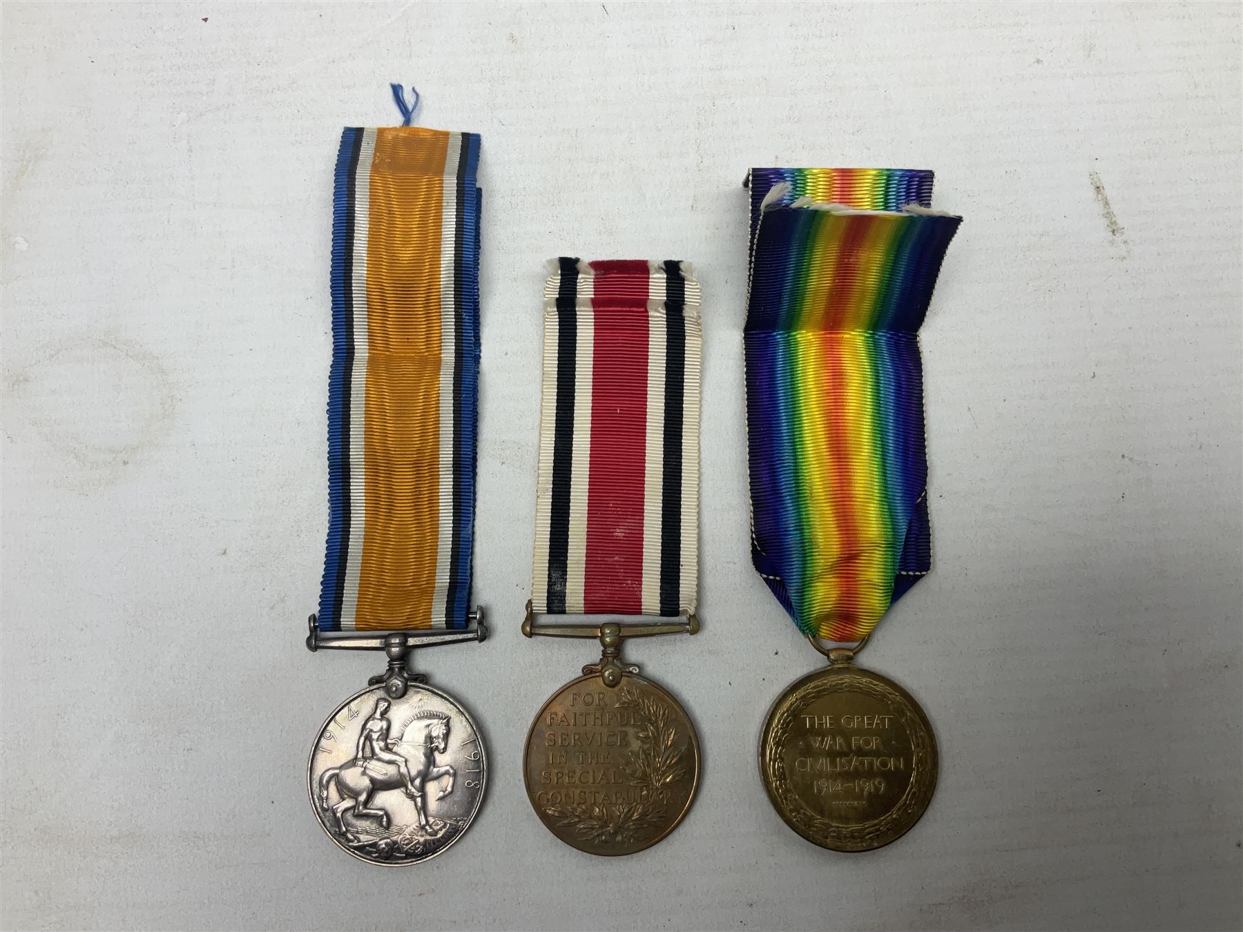 WW1 group of three medals comprising British War Medal and Victory Medal awarded to L-17280 Sjt. S. Riley R.A.; and Special Constabulary Medal to Sydney Riley; all with ribbons (3)