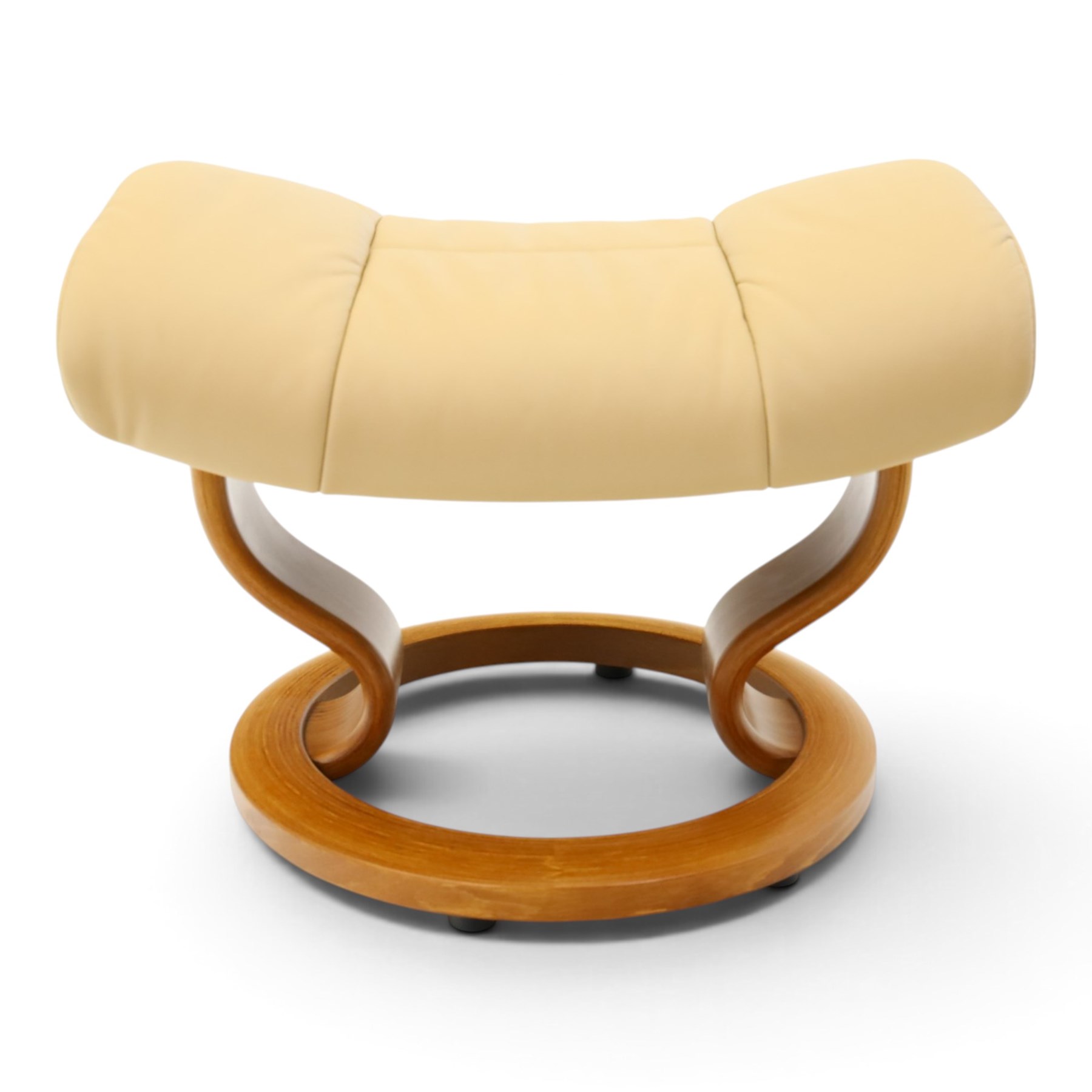 Ekornes Stressless - beech framed reclining swivel armchair with matching footstool, on U-shaped supports with circular bases, upholstered in beige leather