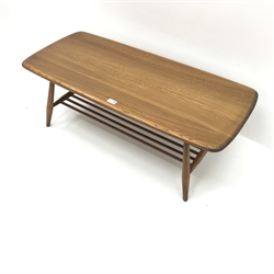 Ercol occasional coffee table, turned undetier, outsplayed supports, W105cm, H37cm, D47cm