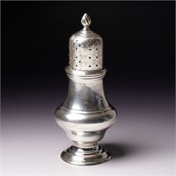 Edwardian silver baluster sugar caster with engraved pierced lid Chester 1905 Maker Haseler Bros.
