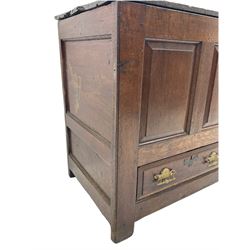 18th century oak mule chest, four panelled front, the interior fitted with candle box, two fall front drawers, stile supports