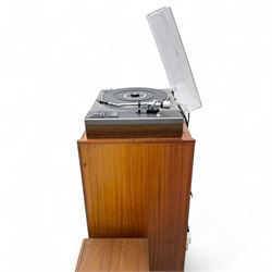 Vintage teak hi-fi cabinet comprising Realistic SCT-90 tape deck, STA 2270 receiver, Optimus 45 stereo speakers, Pioneer PL-1120 turntable,  Panasonic DVD 535 player 