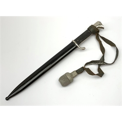 German parade dress bayonet, unmarked possibly Luftwaffe, the 25cm single fullered steel blade marked 'Original Eickhorn Solingden', with chequered black two-piece grip and dress portepee attached, in black painted metal scabbard 37cm overall