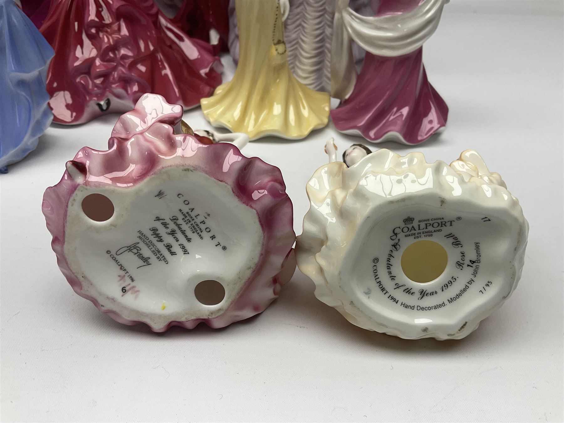 Nine Coalport figures, including Age of Elegance Evening Promenade, The Lovely Lady Christabel and Ladies of Fashion Pamela, together with eight miniature Coalport figures