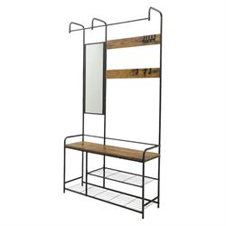 Modern hall stand black and rustic wood veneer, mirrored panel with multiple hooks, wooden veneer seat above shelving for shoes 