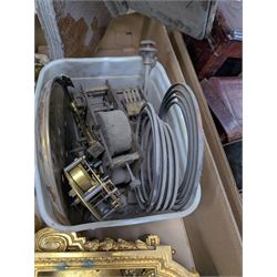 Collection of leather carriage clock cases, brass mantle clocks and parts, brass candlesticks etc, in two boxes