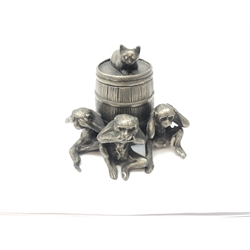  Early 20th century pewter inkwell cast in the form of a barrel with three Monkeys and cat H7cm   