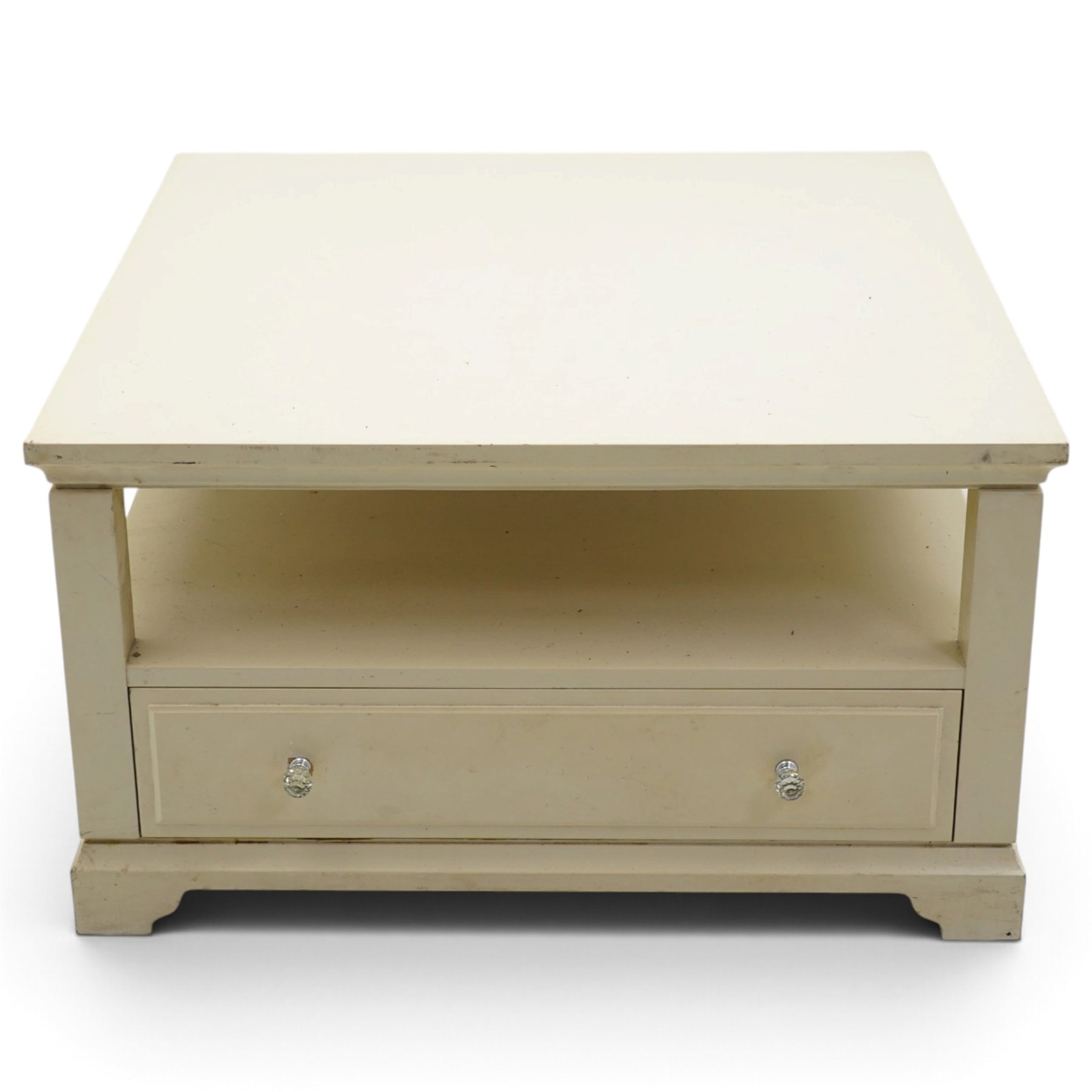 Laura Ashley - white coffee table, of square form, open recess above two drawers with glass knobs