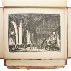 'Frank Brangwyn - Twenty Graphic Works' partial portfolio by Artur Wolf Verlag, to include 'Santa Maria della Salute' 'The Coronation of King Edward VI in Westminster Abbey' 'Study for King John Signing the Magna Carta' 'Train Station - Gare du Nord' 'Locomotive - Gare du Nord' 'The Drinkers' 'The Storm' 'Old Hammersmith' and 'Decorative Drawing for The Daily Chronicle', one lithograph two etchings and six photomechanical lithographics, three signed max 42cm x 33cm (9) (unframed)
Notes: Verlag's limited edition portfolio was originally released in 1921. This copy is marked as no. 81.