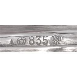 Pair of 20th century German silver three light twin branch candelabra, with wrythen twist detail throughout, each with crown and crescent mark, stamped 835 and bearing mark for Bruckmann & Sohne, Heilbronn, H21cm W25cm