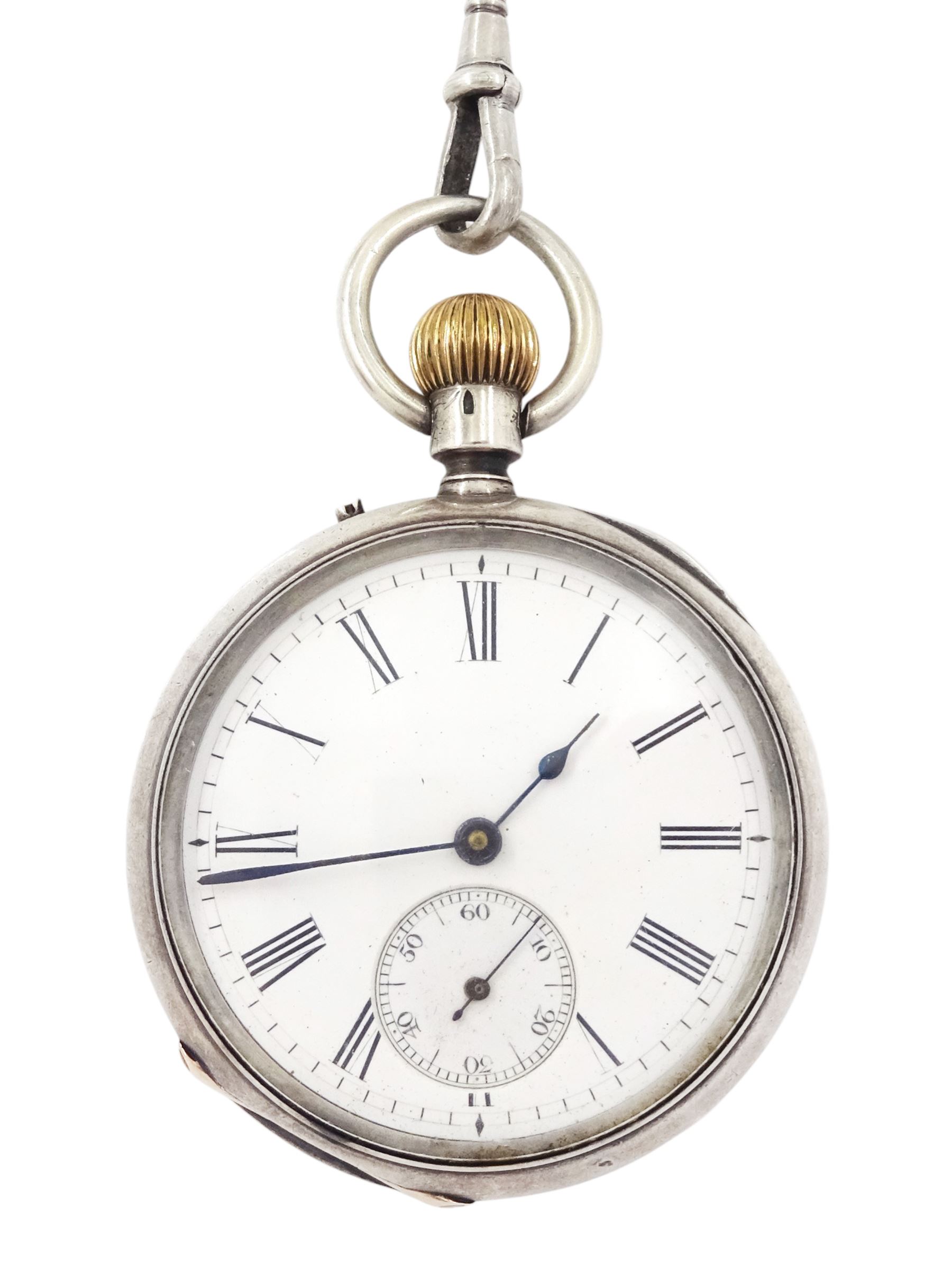 Early 20th century silver open face keyless cylinder pocket watch, 'Examined by Barraud & Lunds, London', No. 4764, white enamel dial with Roman numeral hour markers and subsidiary seconds dial, Swiss hallmark, on silver Albert chain