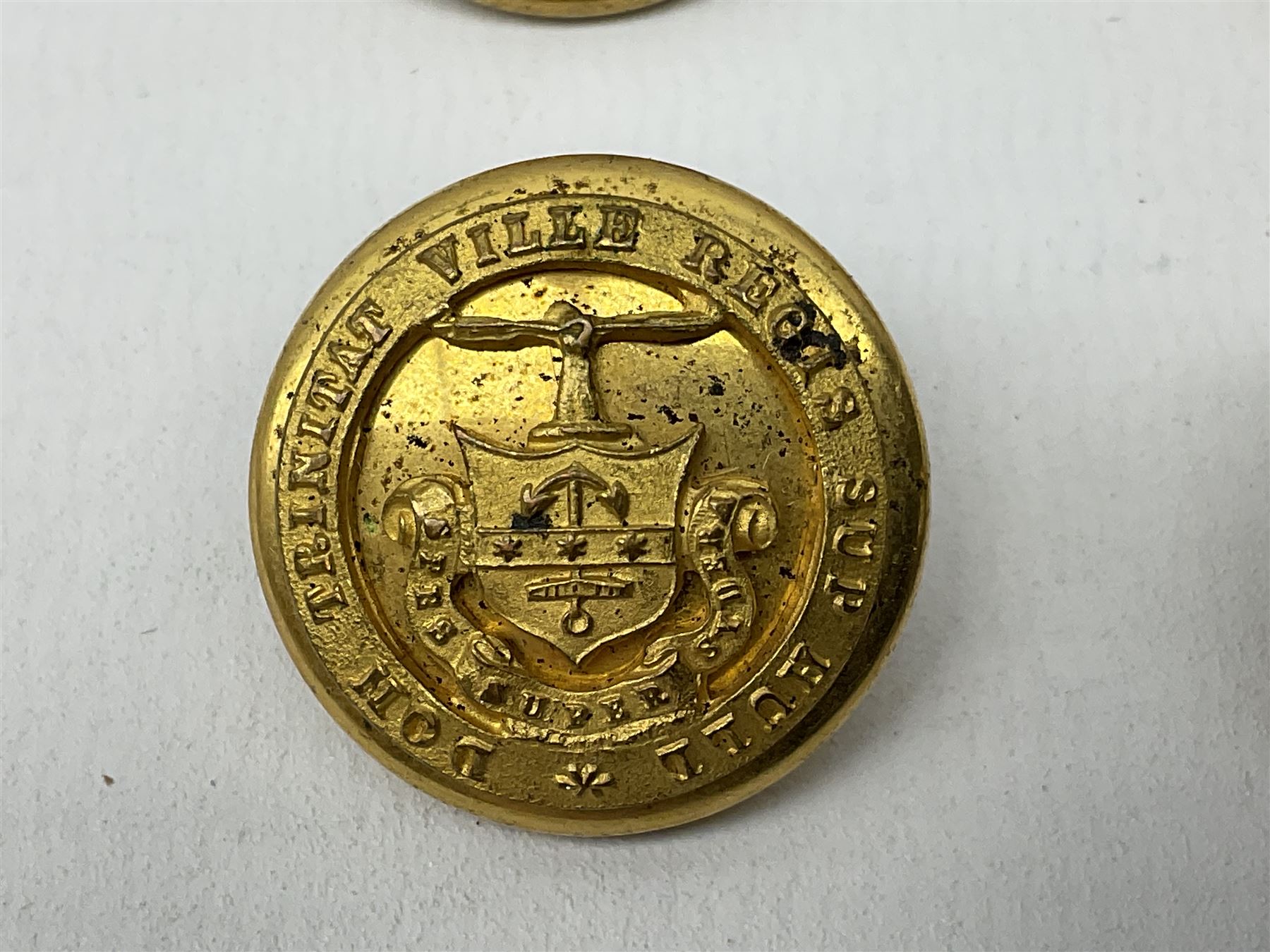 Trinity House Hull - hallmarked silver medal commemorating the visit of the Prince of Wales October 13th 1926; photograph of Captain J. Collins Warden 1934-35; photographic postcard of Capt. Collins onboard ship with other crew members; and six Trinity House uniform buttons