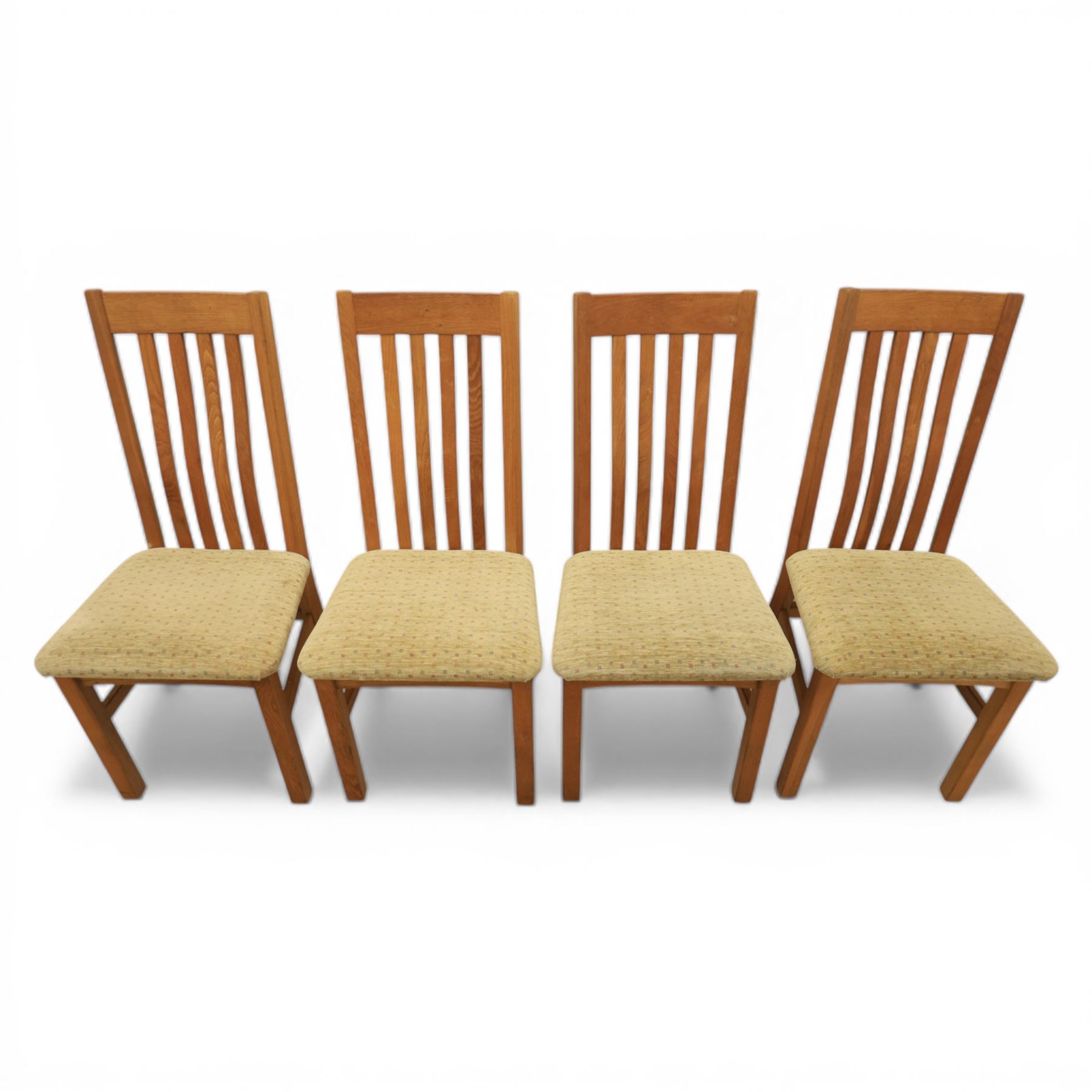 Contemporary square light oak extending dining table, and set of four chairs, table extends to 180cm