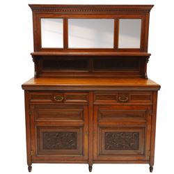 Late Victorian mahogany mirrored back sideboard, the mirror back with three bevelled mirro...