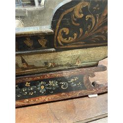 Unusual 18th century small Northern European wooden sled, with curved scroll back, the sides painted with coastal shipping scenes, the interior with removable zinc liner, upon curved irons painted with flower heads, H36cm W56cm D29cm