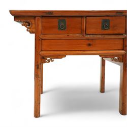 Late 20th century, Chinese elm low table, rectangular to over two drawers, decorated with floral carved brackets 