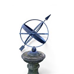 Impressive Haddon stone armillary sundial, raised on column pedestal with octagonal base, seated on weathered sectional plinth, measurements without plinth.
Plinth: 140cm x 140cm