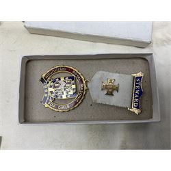 Masonic regalia, including silver gilt St Nicholas Lodge jewel, hallmarked, a plated Royal Masonic Institution for Girls jewel, sash and kid leather apron etc